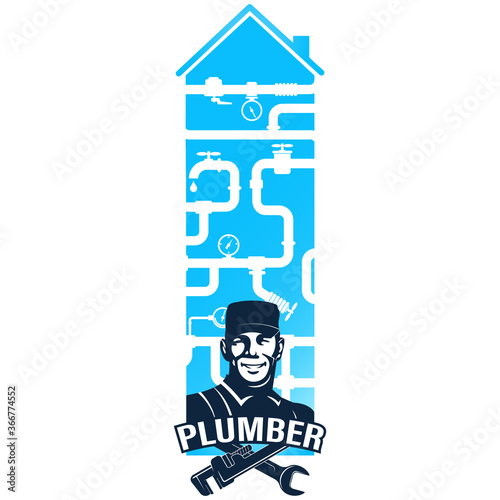 Plumber and house with water pipes symbol for renovation