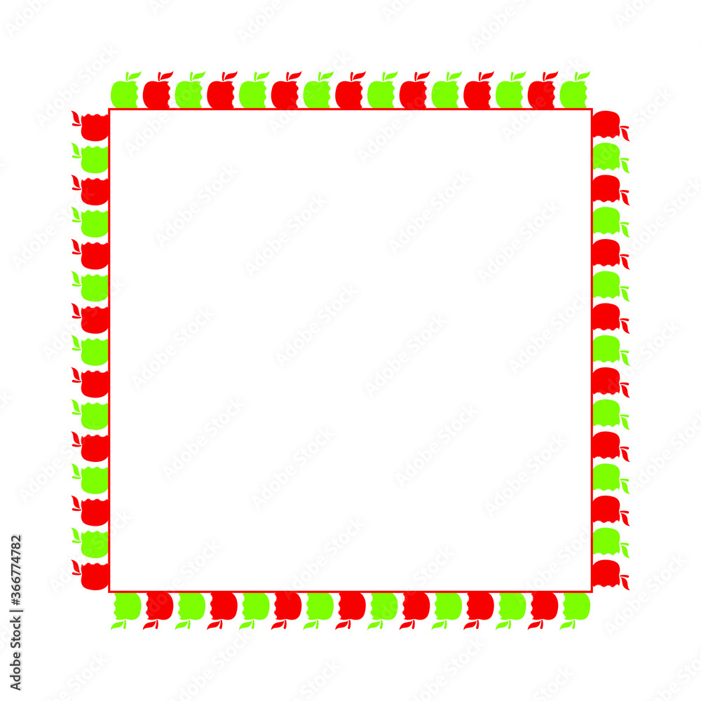 Beautiful frame bitten apples green and red. Design element for flyer, booklet, poster, sticker. Vector illustration Beautiful frame bitten apples green and red. Design element for flyer, booklet, poster, sticker. Vector illustration