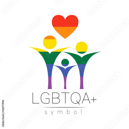 Vector LGBTQA family symbol. Pride flag background. Icon for gay, lesbian, bisexual, transsexual, queer and allies person. Can be use for sign activism, psychology or counseling. LGBT on white.