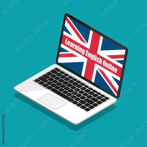 Learning English online. Great Britain flag on a laptop display in trendy isometric style. Summer English courses concept. Vector illustration.