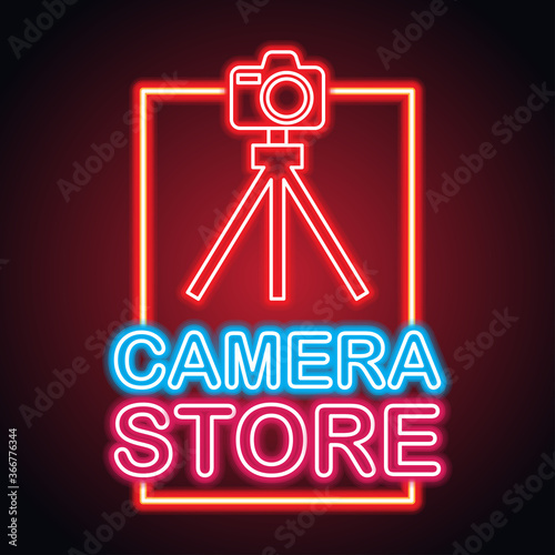 camera equipment with neon sign effect for camera store. vector illustration