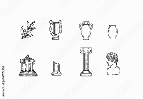 ancient greek art, statues and architecture clip art elements flash sheet. marble statues, aesthetic sculptures. greek philosophy and art. michelangelo davids head and other graphic design assets. 