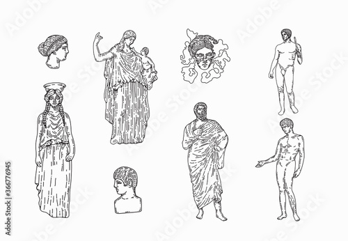 ancient greek art, statues and architecture clip art elements flash sheet. marble statues, aesthetic sculptures. greek philosophy and art. michelangelo davids head and other graphic design assets. 