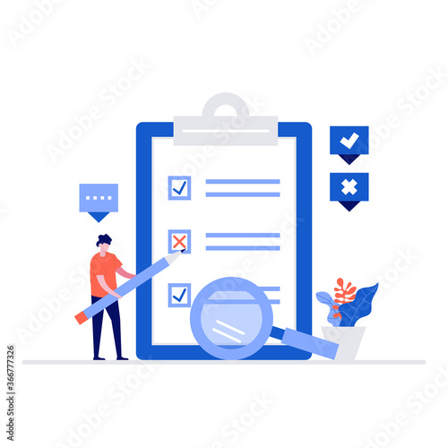 Survey concept vector illustration concept with characters. Modern vector illustration in flat style for landing page, mobile app, poster, flyer, template, web banner, infographics, hero images