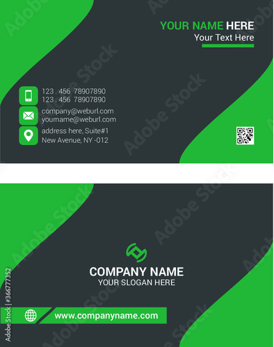 Horizontal Green and deep grey color business card vector template, simple clean layout design template