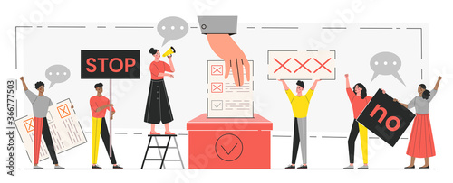 Democracy and freedom concept. Tiny people voting at polling stations. Freedom of speech, justice voting and opinion. Symbolic referendum and poll choice event. Flat vector illustration
