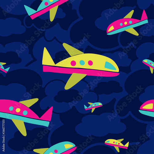 Vector seamless pattern design of colorful bright airplanes on dark cloudy sky