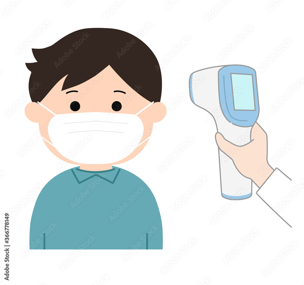Nurse or doctor checks boy's body temperature using infrared forehead thermometer gun for corona virus. Isolated on white background.