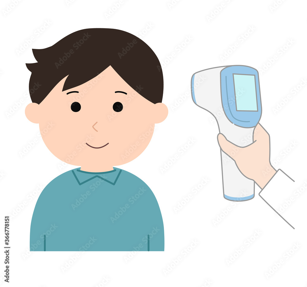 Boy is checked her temperature using infrared forehead thermometer gun for corona virus. Vector illustration isolated on white background. Boy is checked her temperature using infrared forehead thermometer gun for corona virus. Vector illustration isolated on white background.