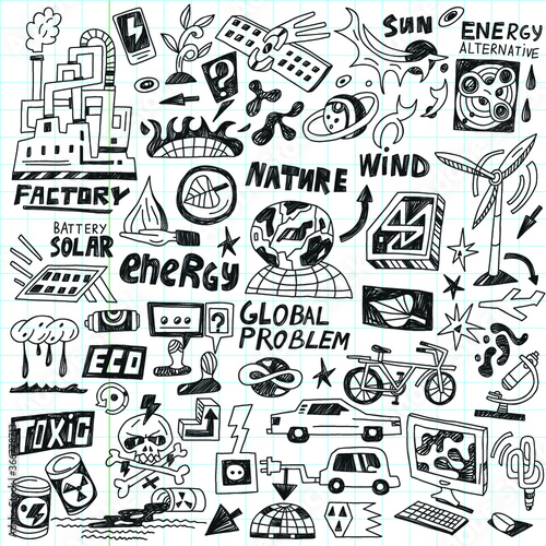 ecology , technology - doodles set