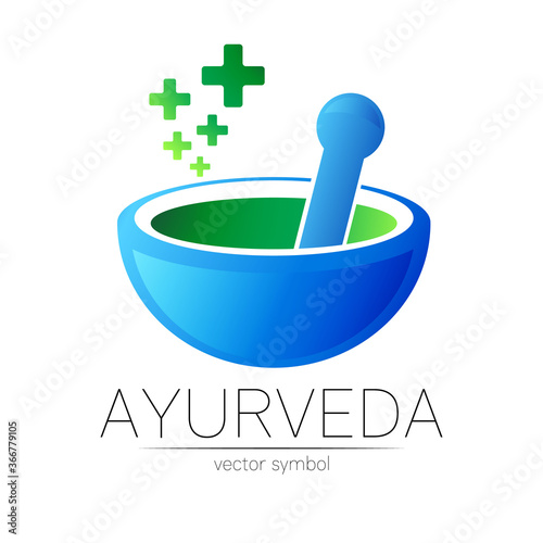 Ayurvedic Creative vector logotype or symbol. Mortar and pestle concept for business, medicine, therapy, pharmacy, ayurveda. Herbal Logo Design for label. Simple bowl and few cross.