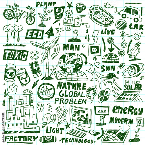 ecology , technology - doodles set
