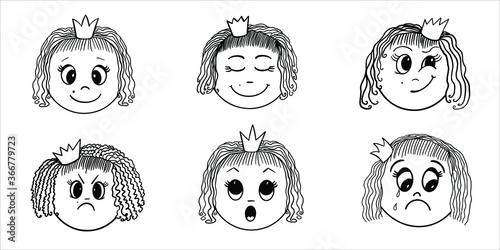 Set of funny cartoon girl faces. Vector collection of doodle emoticons. Hand drawn cartoon icons. Cute linear design element. Black and white illustration for stickers, print, web, wallpaper, cards.