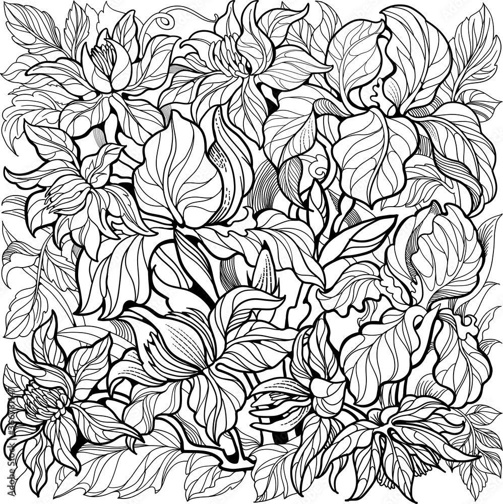 Clematis and Iris flowers. Coloring page for adult and older children