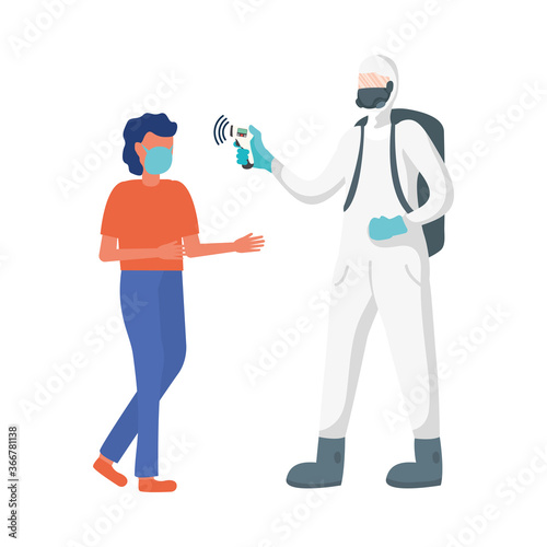 man with protective suit checking man temperature vector design