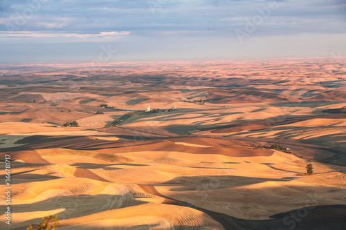 A patchwork of wheat stubble fields in the fall in the palouse wheat country in southeastern Washington.