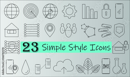 Simple style linear icon vector set including smartphone location settings key cloud globe security home
