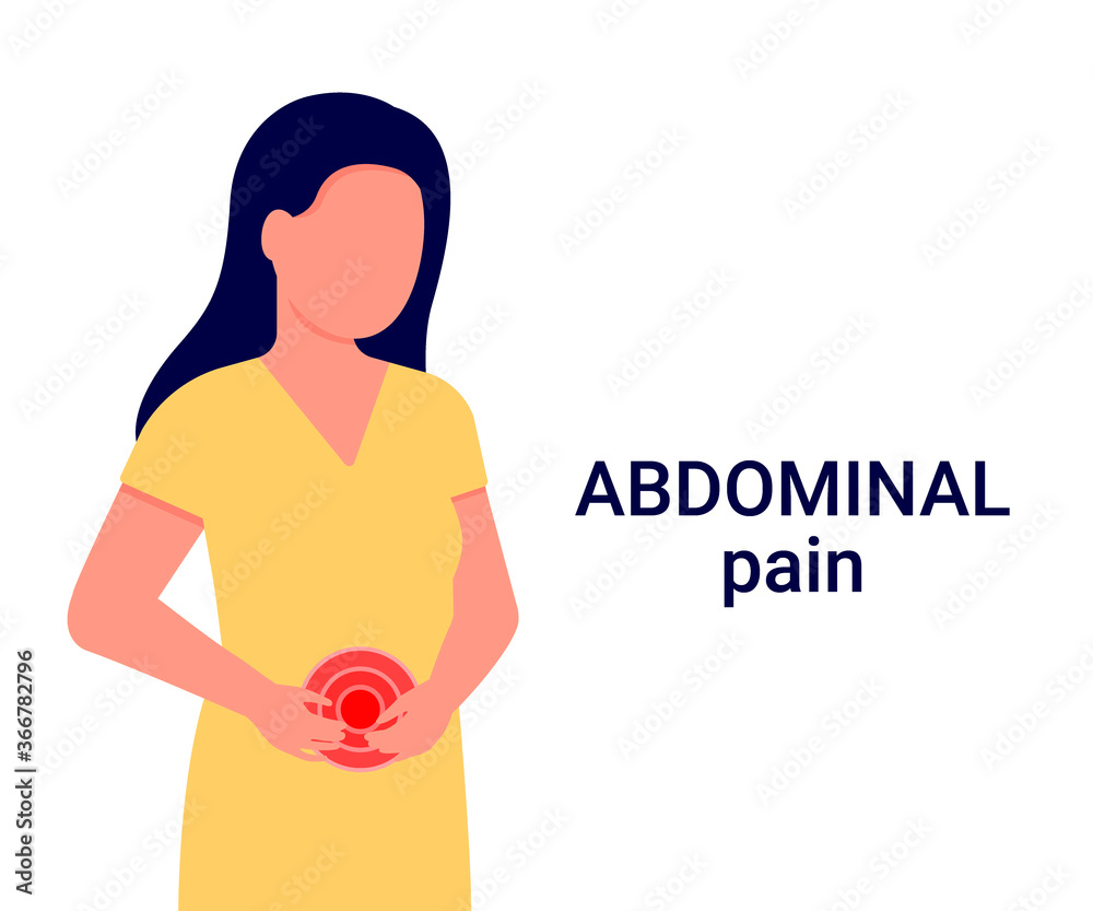 Female abdominal pain. Woman holds her hands on her stomach. Stomach