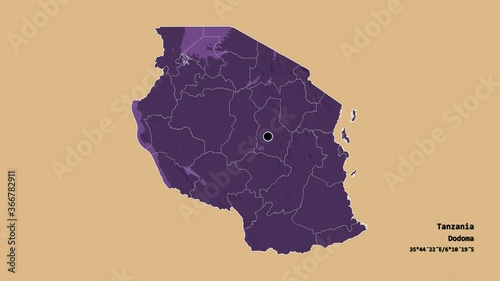 Singida, region of Tanzania, with its capital, localized, outlined and zoomed with informative overlays on a solid patterned map in the Stereographic projection. Animation 3D photo