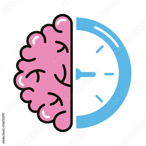 brain human with time clock line and fill style icon