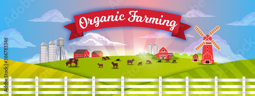 Organic farm vector landscape with livestock, green hills, mill, fence, village buildings, barn. Rustic farming countryside view in flat style with cow, blue sky, fields, clouds for organic products