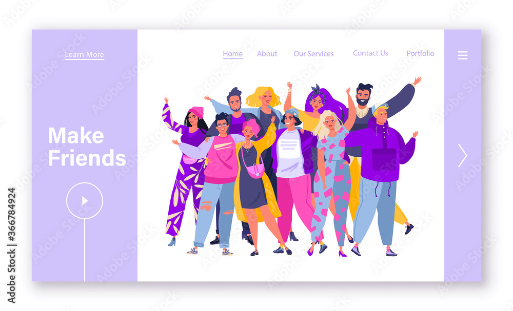 Friendship concept for landing page design. Website page template with group of hugging people. Characters happy, smiling, waving hands. Human relationships, friendship, teamwork, community.