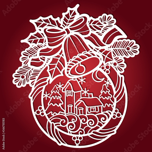 Template for laser cutting. Christmas bell with spruce, holly branches and bow. Vector