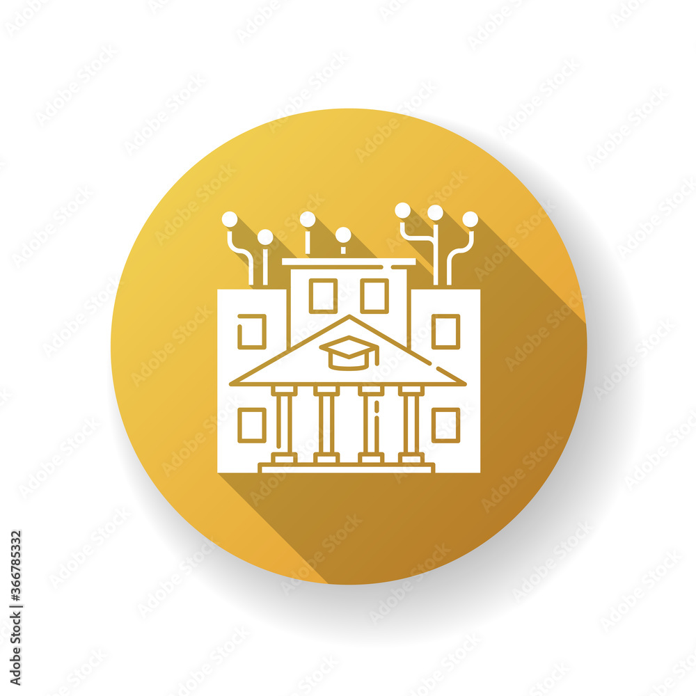 Institute of technology yellow flat design long shadow glyph icon. Professional IT college, higher education. Computer programming academy, coding courses. Silhouette RGB color illustration