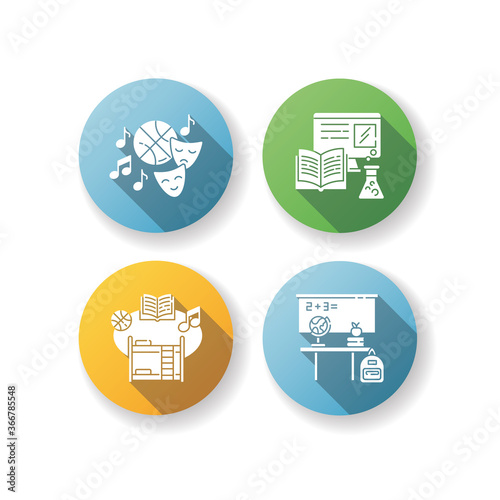 Primary education flat design long shadow glyph icons set. Junior school with extracurricular activities and integrated learning. Private boarding school. Silhouette RGB color illustrations