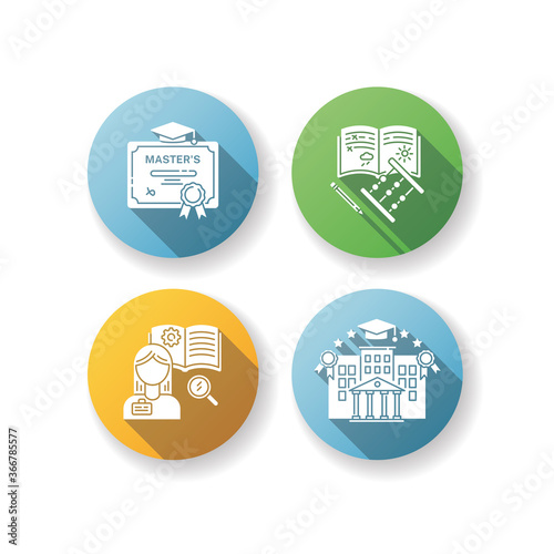 Primary and higher education flat design long shadow glyph icons set. Masters degree, elementary school, university and vocational school. Silhouette RGB color illustrations