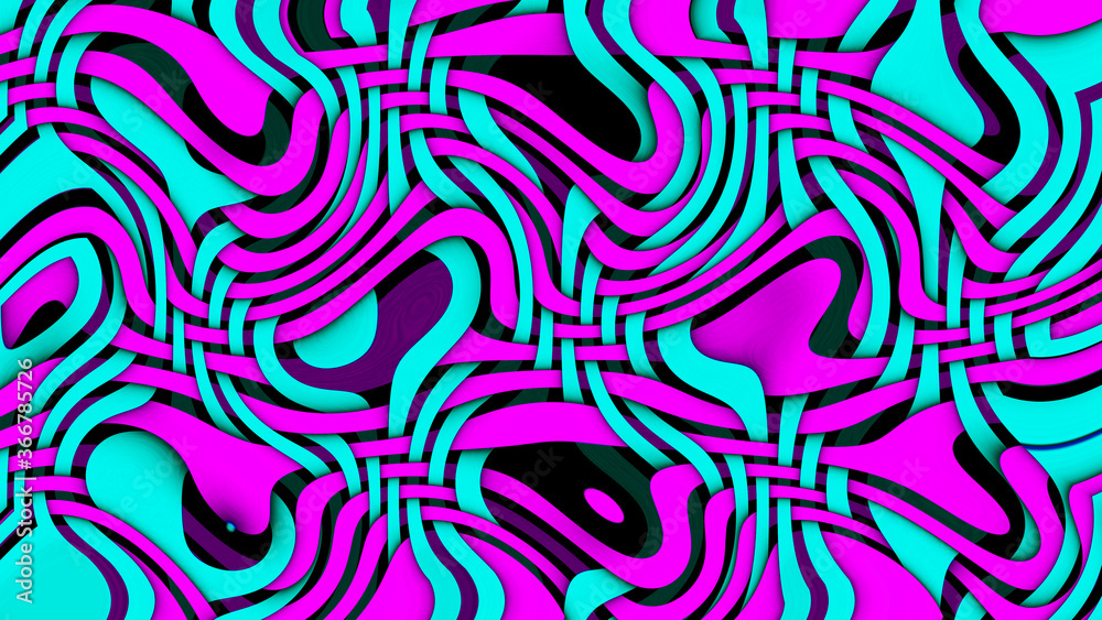 Fototapeta premium Wielokolorowe świecące skręcone linie na czarnym tle. Błyszczący neon fraktal. Streszczenie psychodeliczna ilustracja 3d