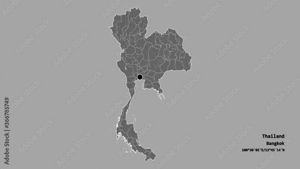 Buri Ram, province of Thailand, with its capital, localized, outlined and zoomed with informative overlays on a bilevel map in the Stereographic projection. Animation 3D Buri Ram, province of Thailand, with its capital, localized, outlined and zoomed with informative overlays on a bilevel map in the Stereographic projection. Animation 3D