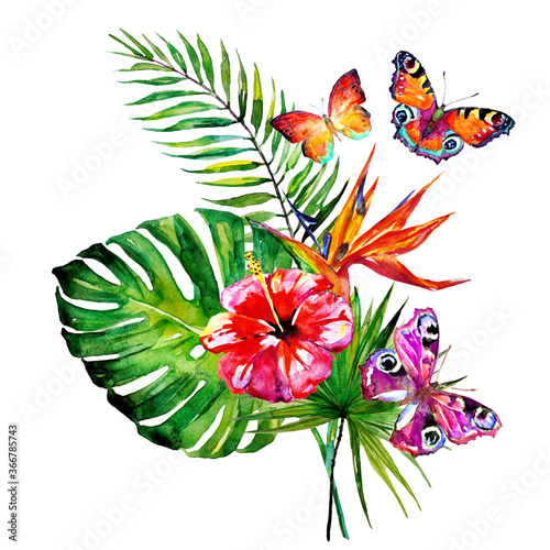beautiful tropical palm leaves and flowers, watercolor © aboard