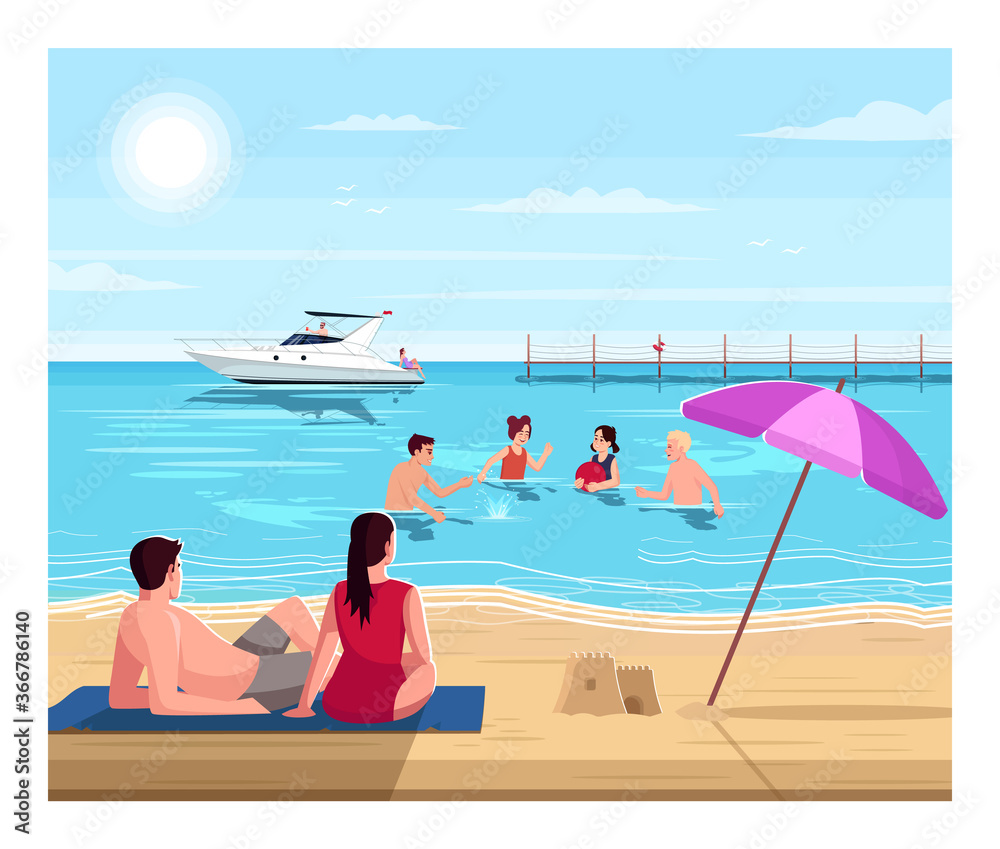 Public beach semi flat vector illustration. Summertime recreation. Kids
