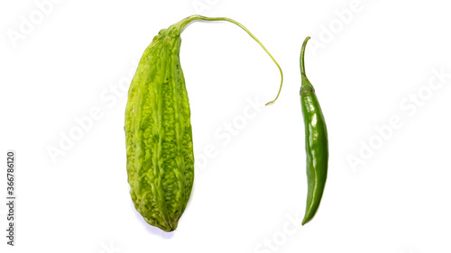 Bitter Melon & Green Chili Vegetable Isolated on White Background