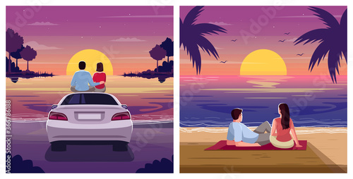 Couple watch sunset semi flat vector illustration set. Romantic weekend for woman and man. Pair sit on blanket in dusk. Lovers on beach 2D cartoon characters for commercial use collection