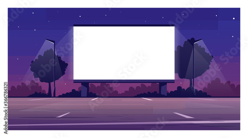 Drive in cinema screen semi flat vector illustration. Empty parking for film premiere outside. Public urban place. Weekend entertainment. Outdoors movie night 2D cartoon scene for commercial use