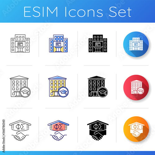 University life icons set. Freshmen life and activities. College education. Students residence hall. Public library. Linear, black and RGB color styles. Isolated vector illustrations