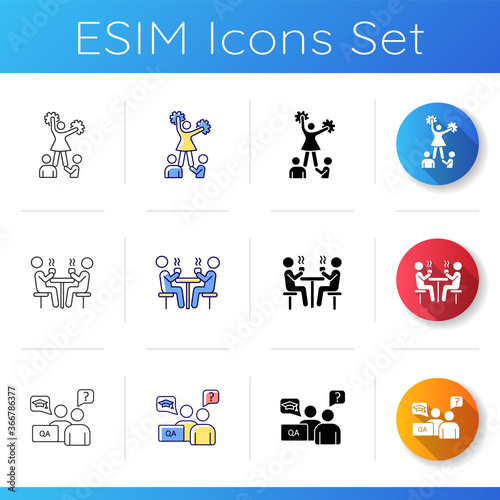 Freshman life icons set. University female sports. Cheerleading. Professors and lecturers. School cafeteria and public canteen. Linear, black and RGB color styles. Isolated vector illustrations