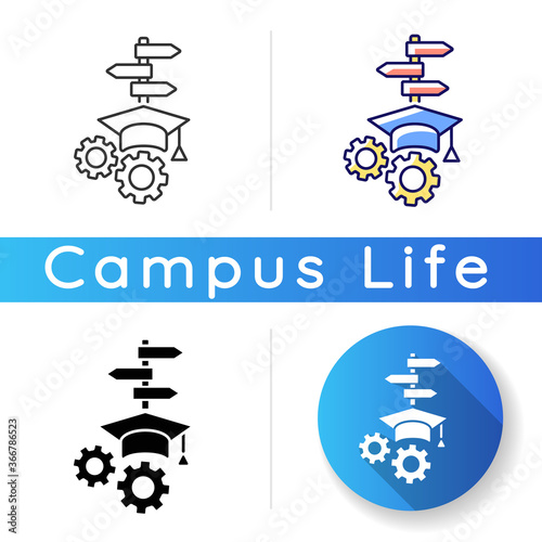 College major icon. Academic minors. Decision making. Graduate and undergraduate degree. Higher education qualifications. Linear black and RGB color styles. Isolated vector illustrations