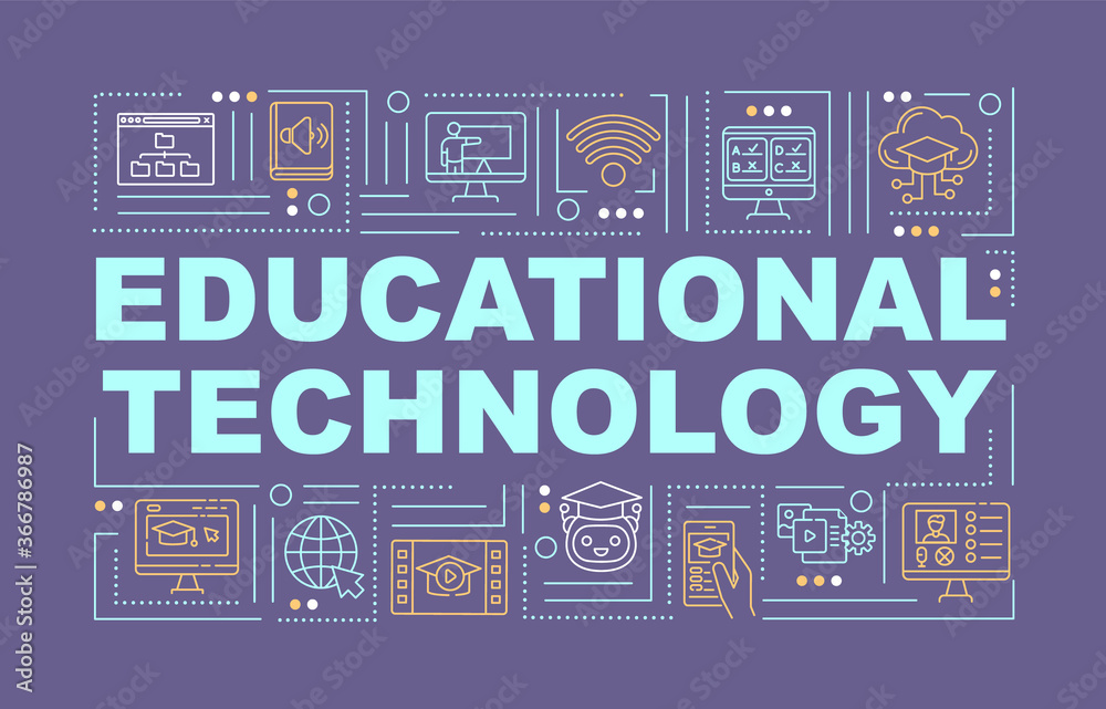 Educational technology word concepts banner. Digital and internet learning. Infographics with linear icons on violet background. Isolated typography. Vector outline RGB color illustration Educational technology word concepts banner. Digital and internet learning. Infographics with linear icons on violet background. Isolated typography. Vector outline RGB color illustration