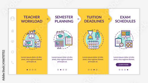 Distance learning components onboarding vector template. Online education. Semester planning. Responsive mobile website with icons. Webpage walkthrough step screens. RGB color concept