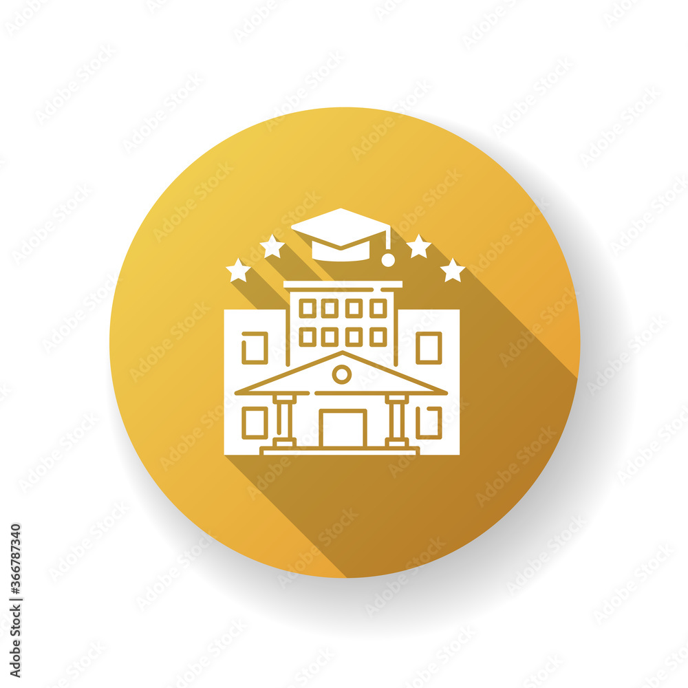 College yellow flat design long shadow glyph icon. Higher education. Academic institution, prestigious gymnasium, university graduation. Campus and bachelors cap silhouette RGB color illustration College yellow flat design long shadow glyph icon. Higher education. Academic institution, prestigious gymnasium, university graduation. Campus and bachelors cap silhouette RGB color illustration
