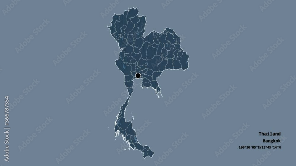 Chiang Mai, province of Thailand, with its capital, localized, outlined and zoomed with informative overlays on a administrative map in the Stereographic projection. Animation 3D Chiang Mai, province of Thailand, with its capital, localized, outlined and zoomed with informative overlays on a administrative map in the Stereographic projection. Animation 3D