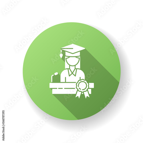 Doctoral studies green flat design long shadow glyph icon. University graduation, academic achievement. Obtaining doctors degree. PhD student, successful graduate silhouette RGB color illustration