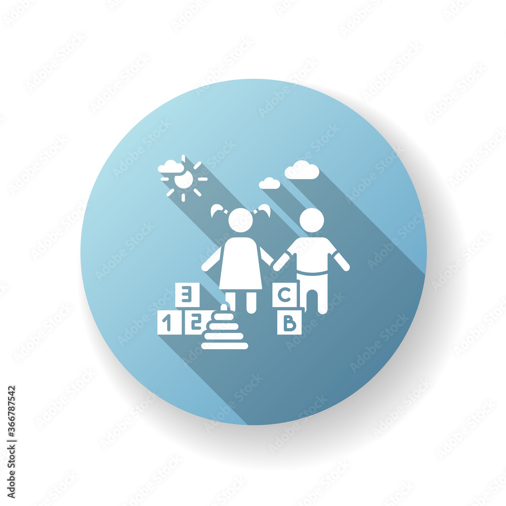Kindergarten blue flat design long shadow glyph icon. Day care center, institution for little children. Preschool education. Girl and boy playing with toys silhouette RGB color illustration Kindergarten blue flat design long shadow glyph icon. Day care center, institution for little children. Preschool education. Girl and boy playing with toys silhouette RGB color illustration
