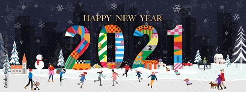 Vector Happy New Year 2021 with winter landscape in city with people celebrating on Chritsmas eve.Winter wonderland in the town with happy kids sledding and skating in the city park