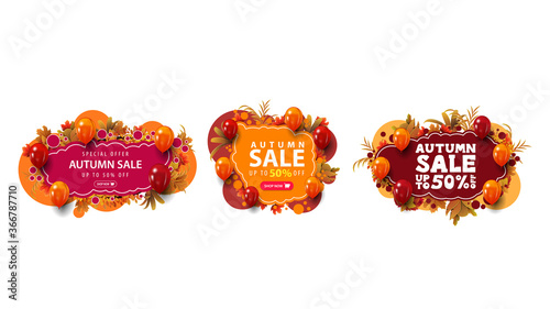 Set of colorful autumn discount web banners in graffiti style with large offer, button, frame of autumn leaves and balloons. Red and orange abstract banners isolated on white background