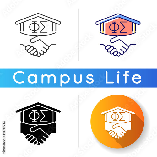 Fraternity icon. Fraternal organization in university. Men club, association. College fraternities. Student activities. Linear black and RGB color styles. Isolated vector illustrations
