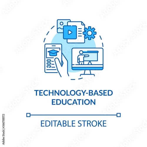 Technology based education concept icon. Elearning and mlearning. Educational technology idea thin line illustration. Vector isolated outline RGB color drawing. Editable stroke